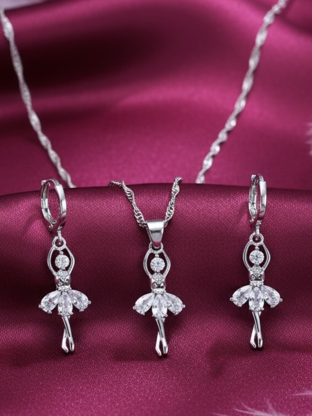 Y2K Coquette Balletcore Sterling Silver Bling Ballerina Pendant & Earring Set